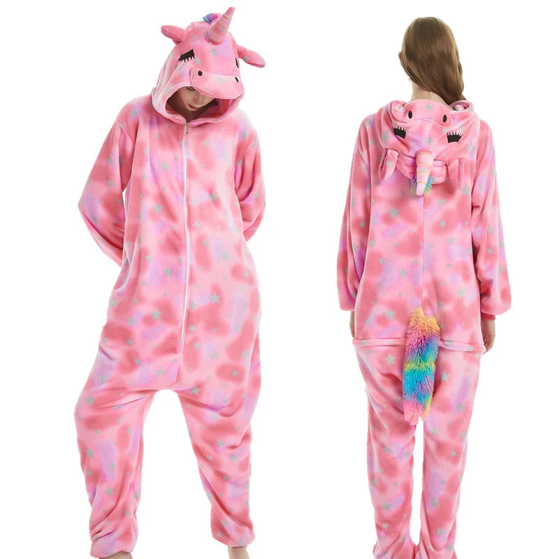 Kuguurumi Onesie/Детская Пижама; Пижама с единорогом для мальчиков и девочек; зимняя одежда для сна для женщин; Пижама с изображением панды и льва для костюмированной вечеринки; Детские пижамные комплекты - Цвет: Pink star Unicorn
