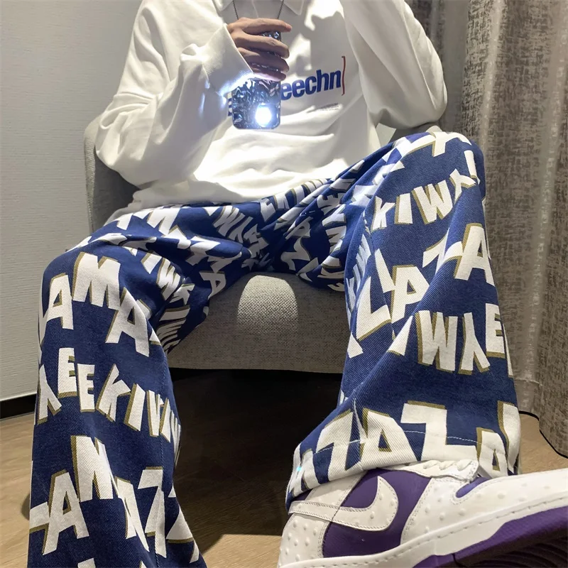 Letter Print Baggy Jeans for Teen Fashion Trends High Street Clothing Mens Wide Leg Denim Pants Harajuku Casual Loose Streetwear