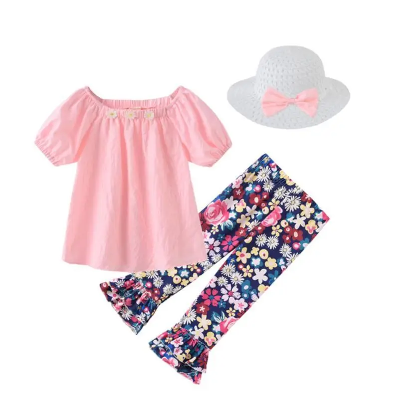 Cute Baby Girls Clothing Casual Girl Clothes Set Outfit Summer Beach Clothe Tops +horn Pants + Hat 3PCS Suit | Детская одежда и