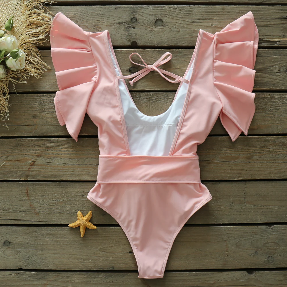 

Vintage Retro One Piece Swimsuit 2021 Shoulder Ruffle Swimwear Women Belt Swimsuit Backless Bathing Suit Beachwear Monokini Swim