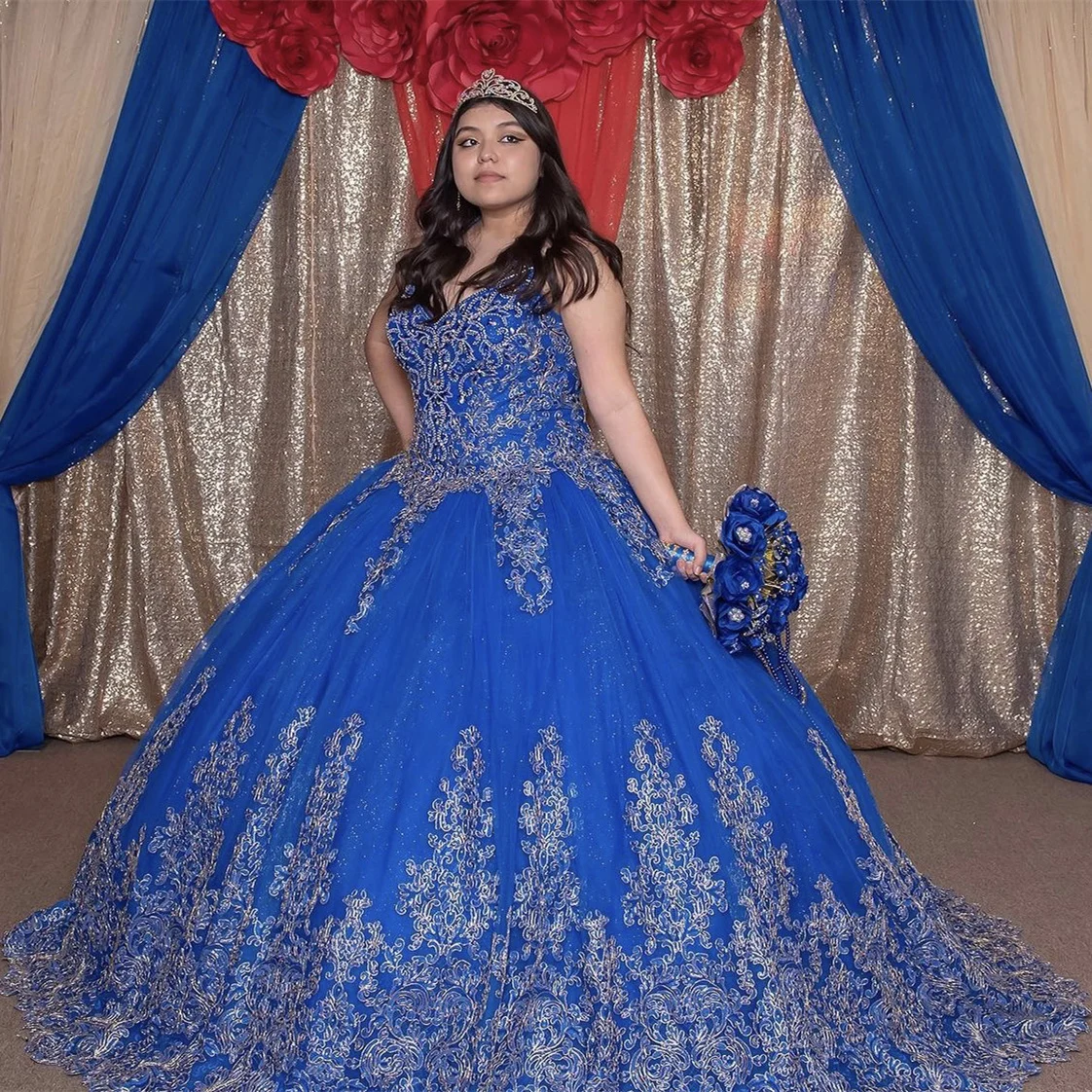 

Gorgeous Blue Quinceanera Dresses 2021 Off Shoulder V-Neck Lace Sequins Princess Party Sweet 16 Ball Gown Vestidos De 15 Años