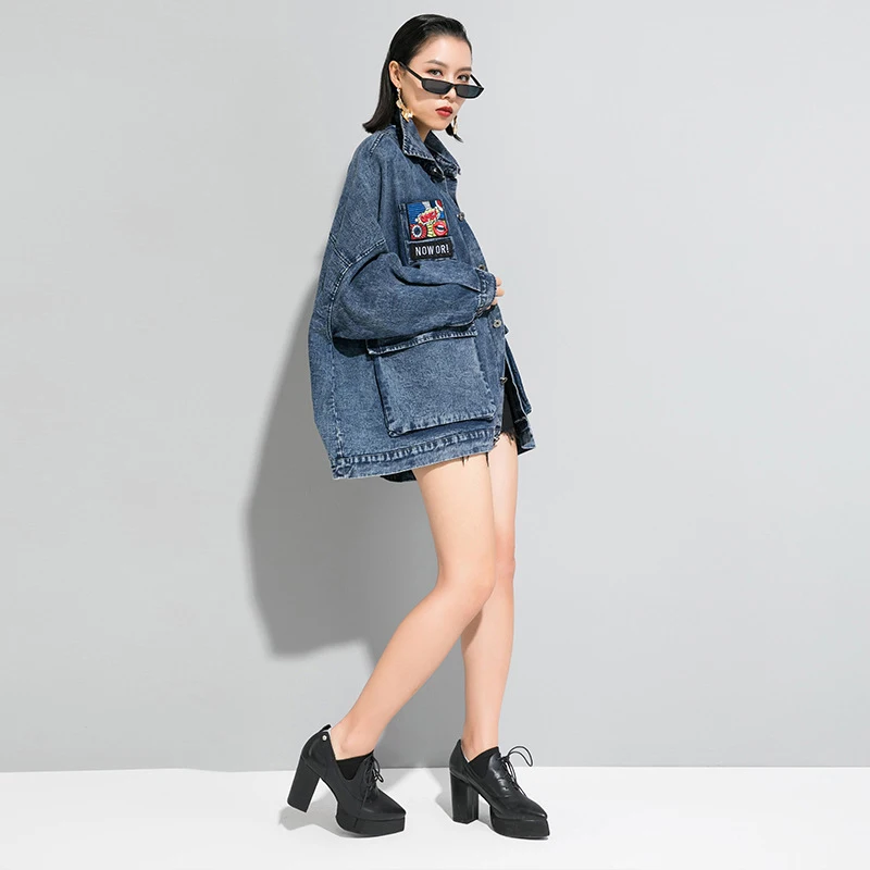 

Fit Big Loose Size Embroidery Denim Jacket New Lapel Long Sleeve Women Coat Fashion Tide Spring Autumn 2021 1DD2332
