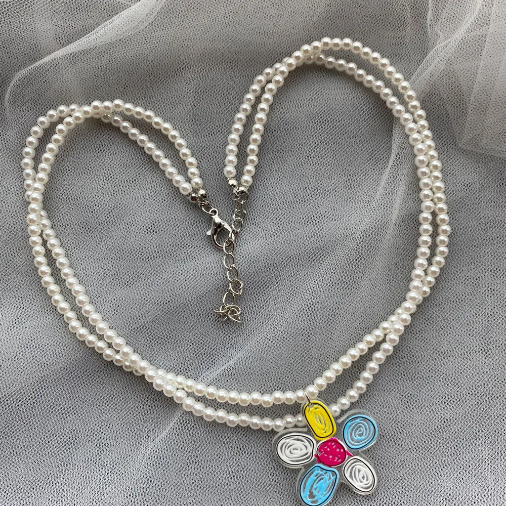 

2021 New Korea Summer Double Layer Resin Bead Necklace Fun Graffiti Butterfly Flower Pendant Necklace For Women Girls Jewelry