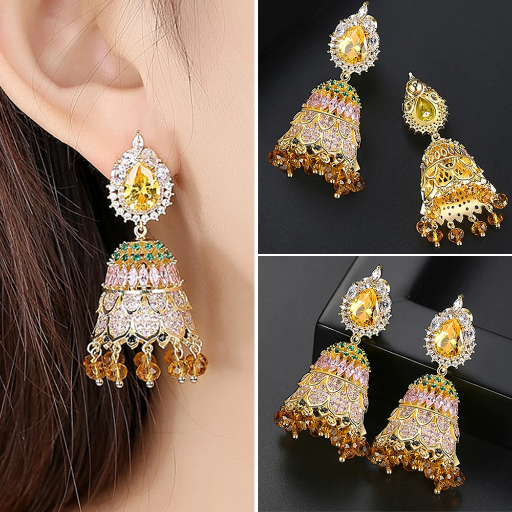 Женские индийские Jhumka Jhumki Висячие колокольчики серьги AAA кубический циркон