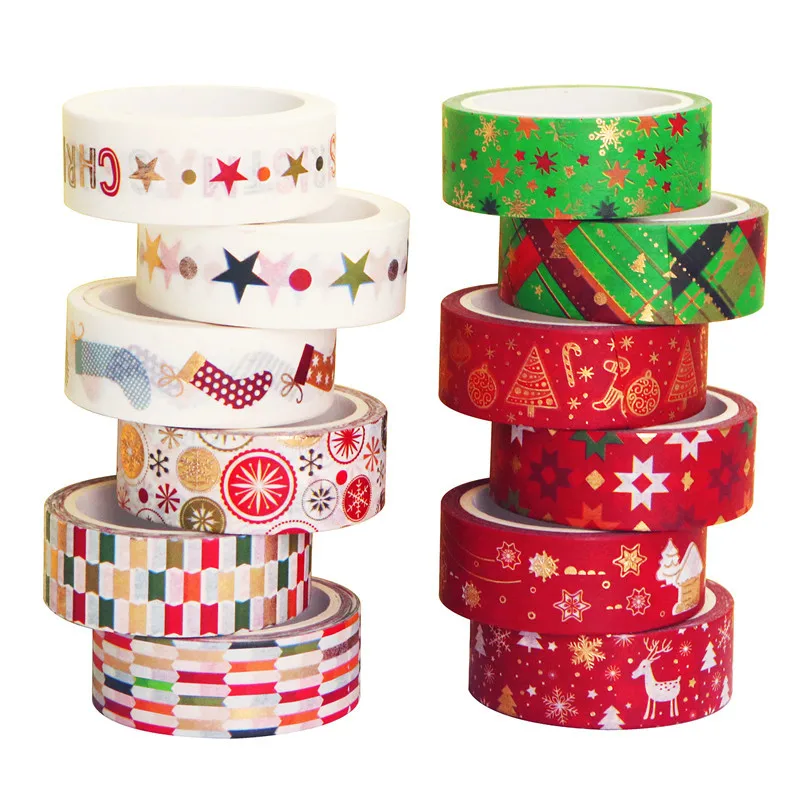 

12Pcs/Set Christmas Washi Tapes Stars, Colored Stripes, Snow, Tree, stockings, snowman, Reindeer Kawaii Masking Tapes Stickers