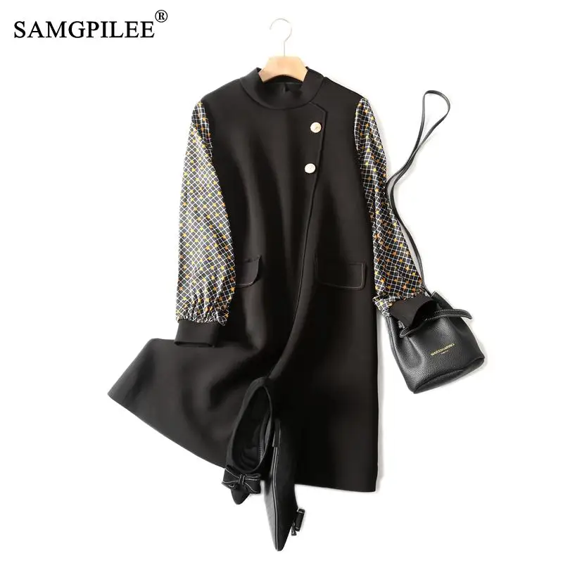 

Винтажное платье, женская одежда, зима 2021, офисные женские трапециевидные Лоскутные Платья с длинным рукавом, на пуговицах, с круглым вырезо...