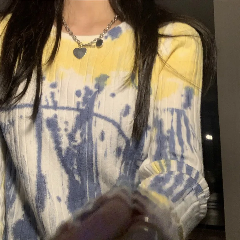 

Korean Style Long Sleeved Knitted T-shirt Tie-dye Loose Sweater Women Pullover Female Jumpers Tops Winter Sweaters