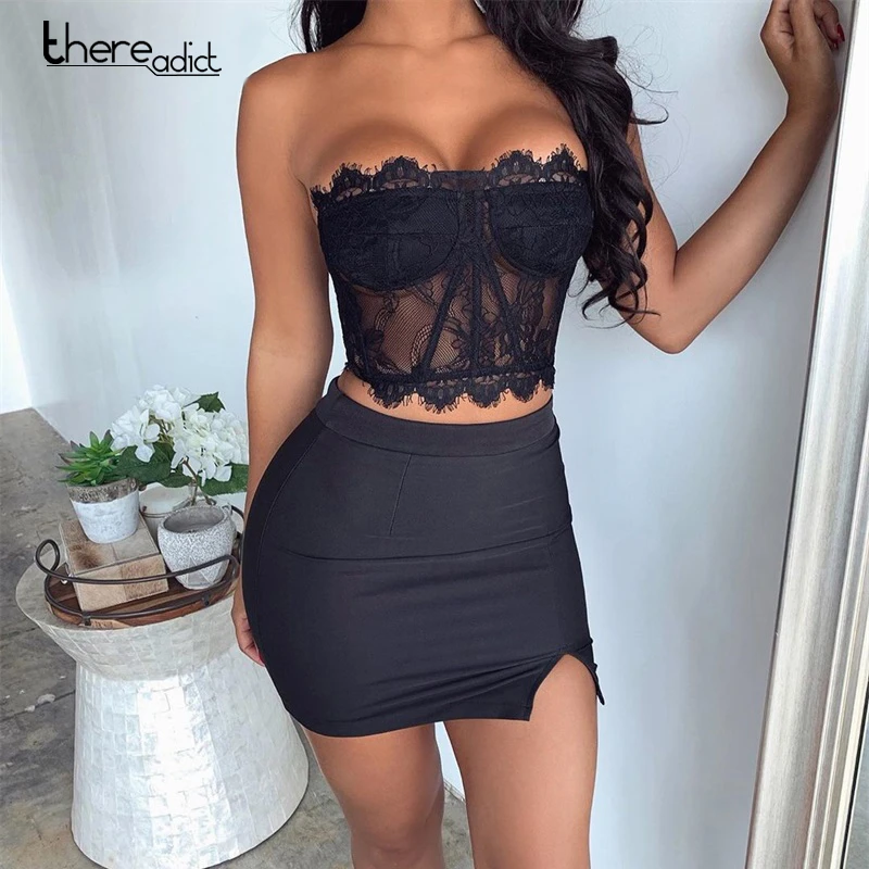 Женский комплект из двух предметов кружевной сетчатый Топ без бретелек и юбка