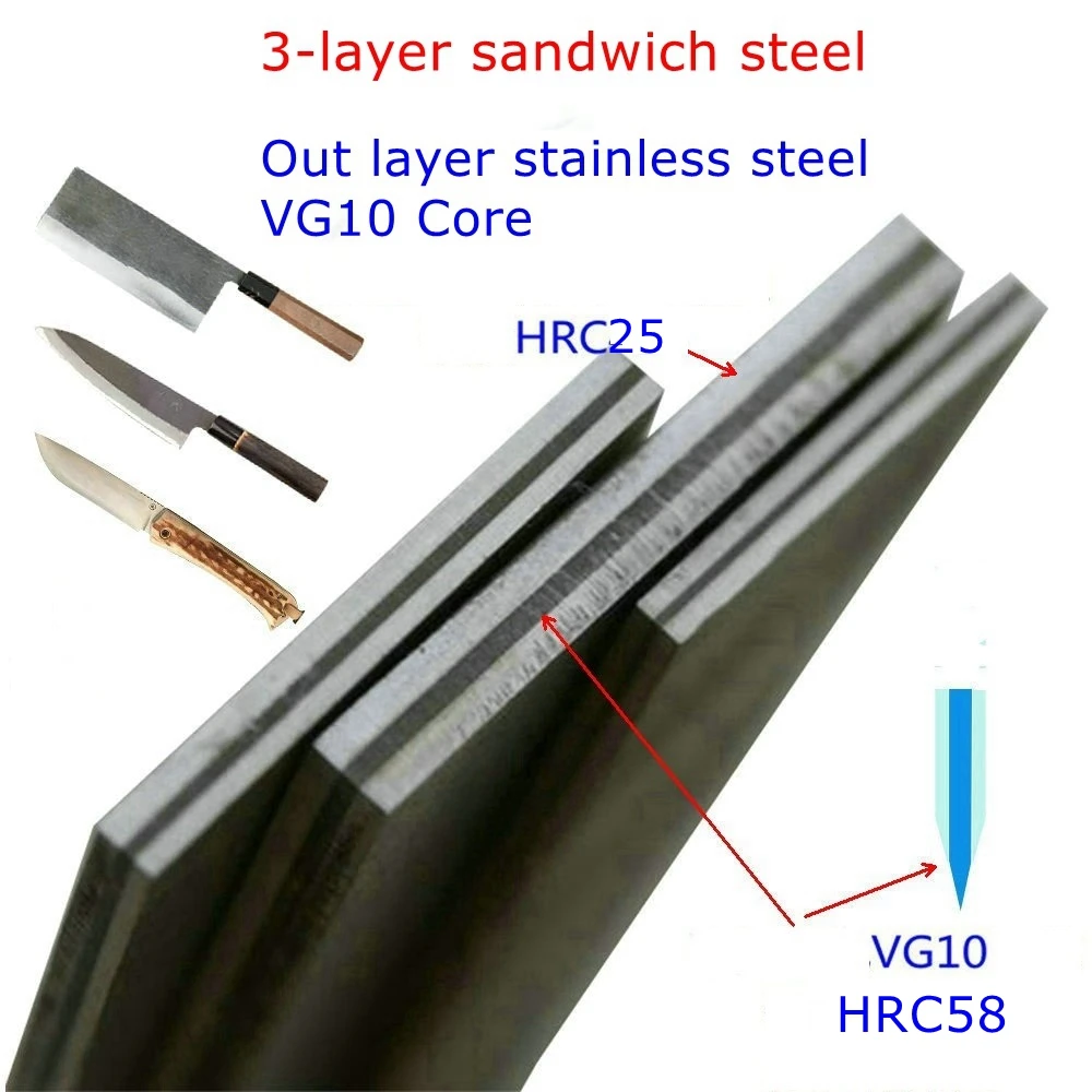 1Piece sandwich steel 3-layer Chef Knife Blade steel blank HRC58 knife making steel 2-3mm thickness