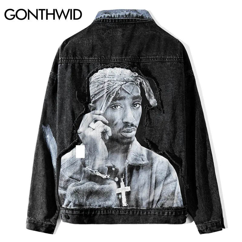 GONTHWID хип-хоп рэп раппер 2PAC Тупак Шакур Лоскутная галстук-краситель джинсовая куртка хип-хоп Повседневная джинсовая куртка уличная верхняя одежда