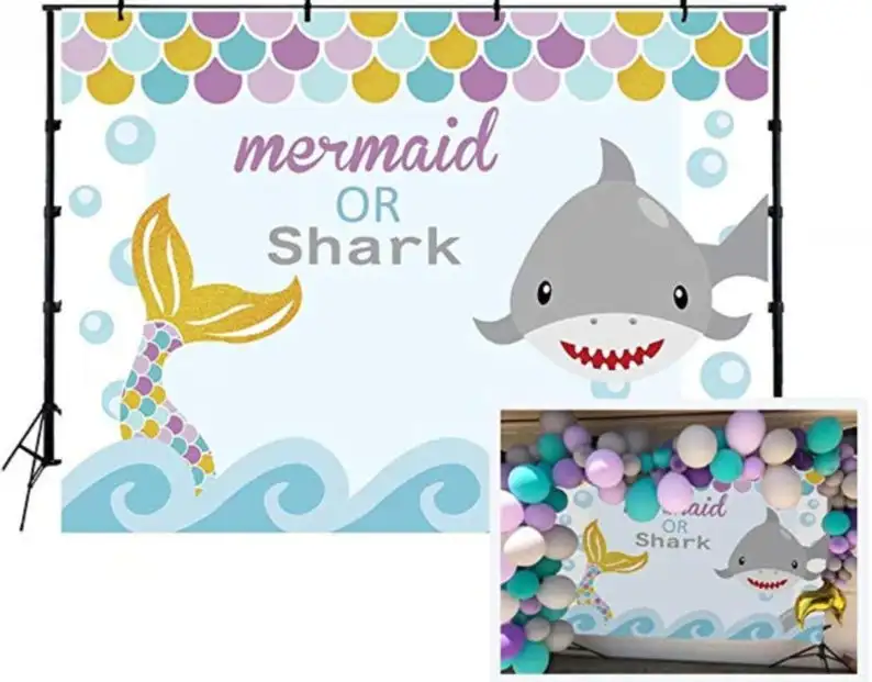 

Gender Reveal Party Background Mermaid Or Shark Baby Shower Photography Backdrop Banner Ideas Invites Dessert Table Background