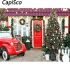 Фон для рождественской фотосъемки с изображением Красного автомобиля дерева деревянной двери дома зимнего снега Фотофон для семейвечерние студийный реквизит