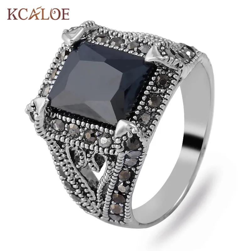 Кольцо KCALOE квадратное черное AAA циркониевое античное серебряное со стразами