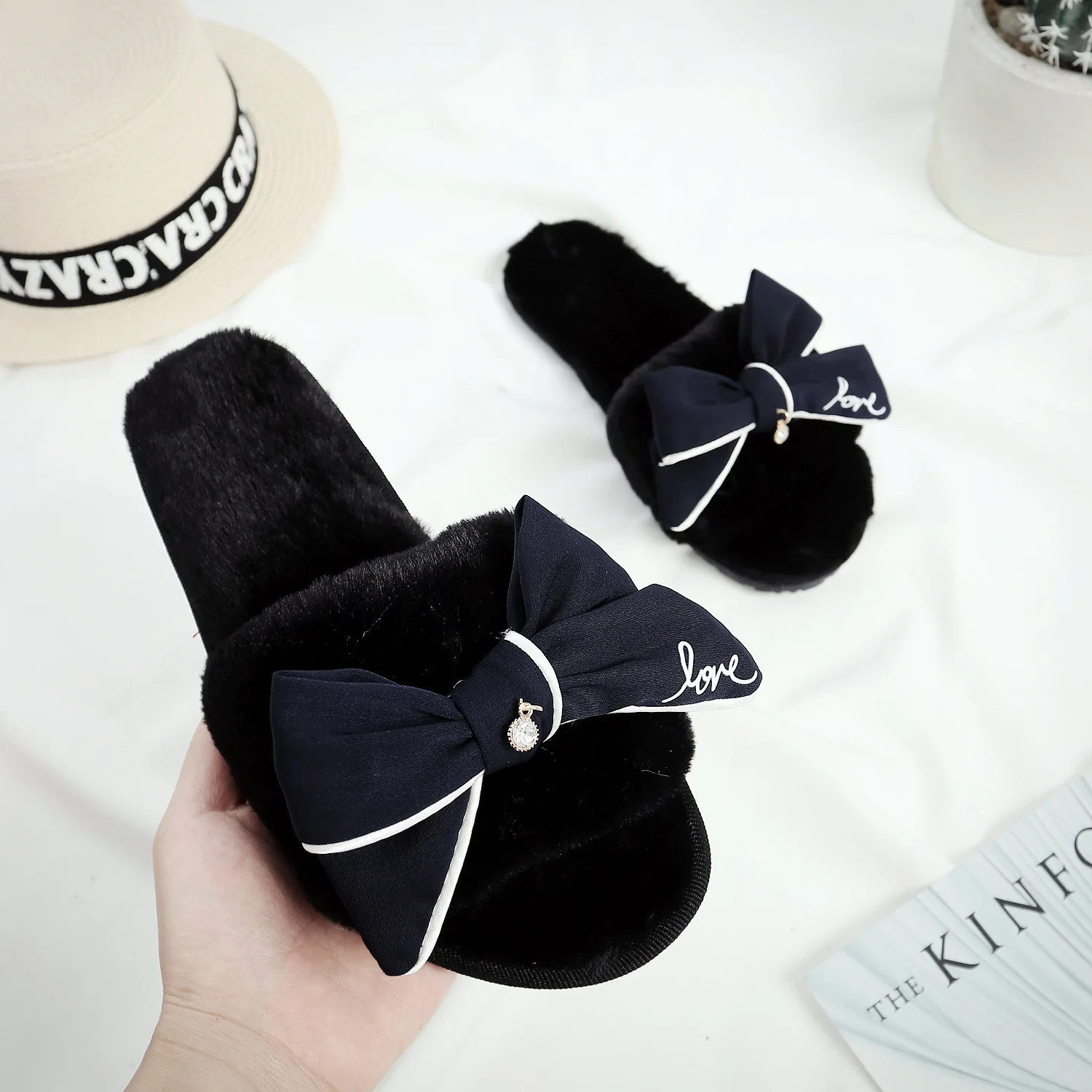 Dropshipping Famous Brand Fur Flip Flops Sweet Lace Bow Slides Designer Winter Women Sandals Warm Cozy Home Slippers Flower | Обувь