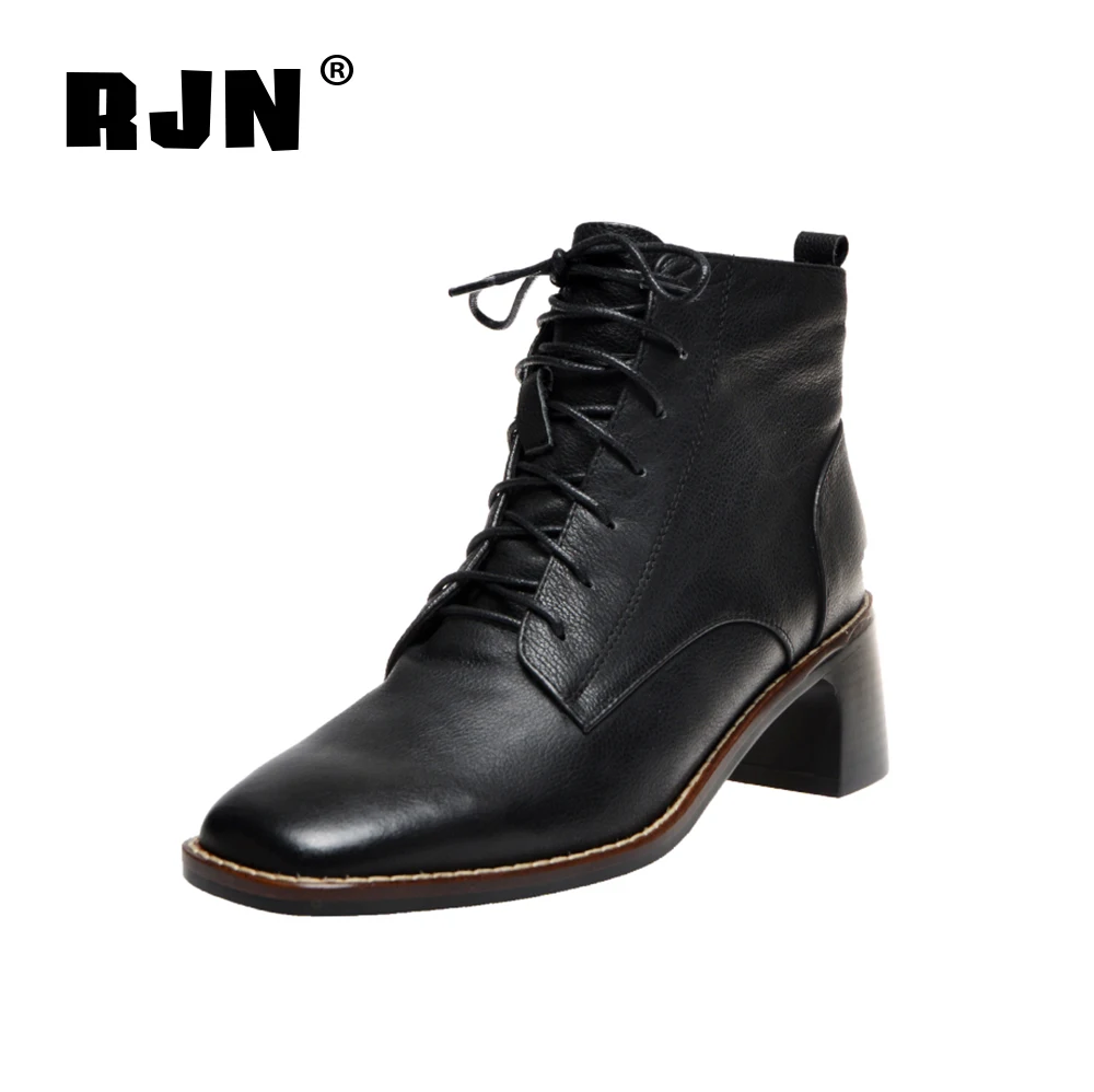 spesifikasi RJN Gaya Baru Semata Kaki Klasik Square Toe Mid-Heel Kulit Sapi Berkualitas Tinggi Lace-Up Sepatu Wanita Nyaman Sepatu Boots RO258