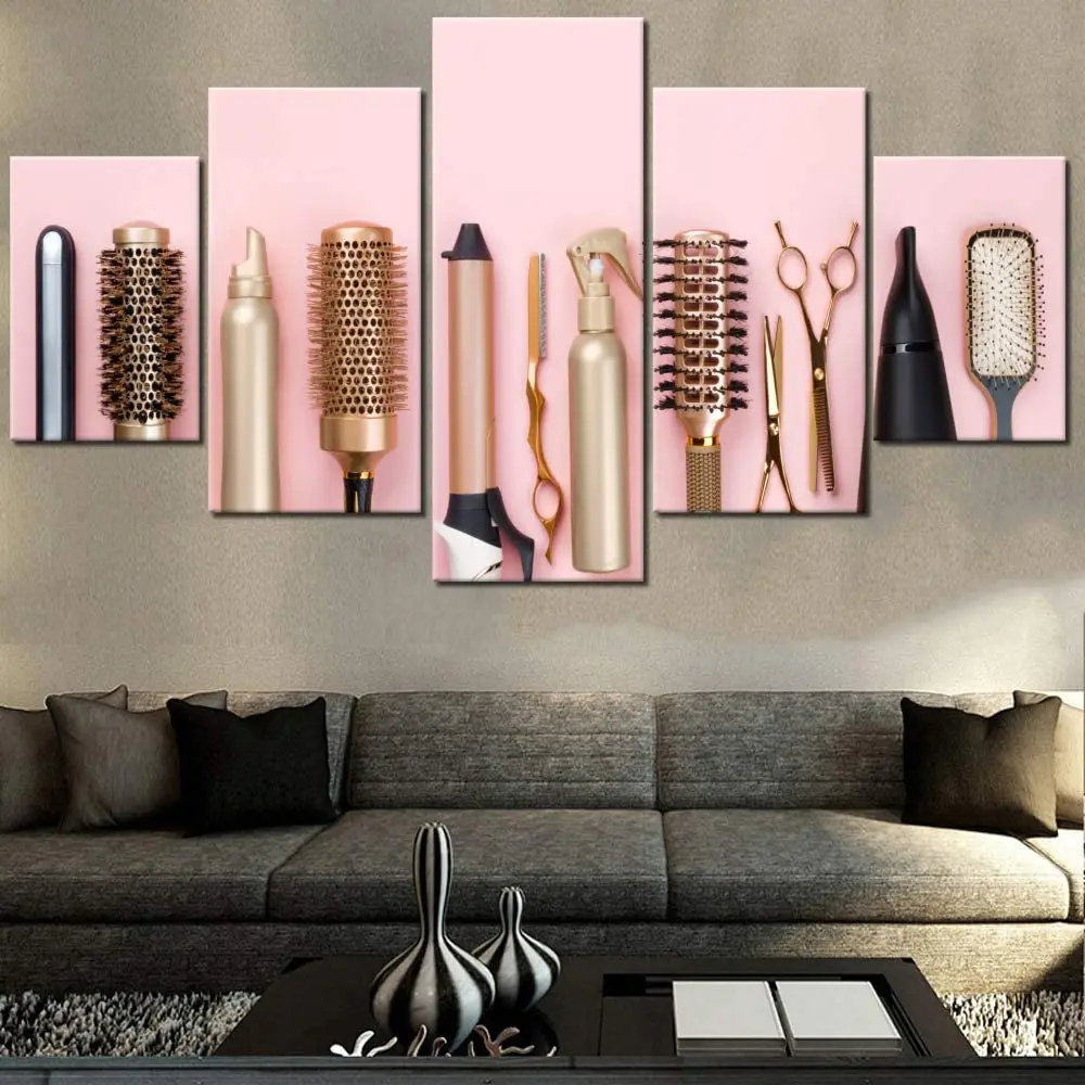 

Unframed 5 Panel Beauty Hair Salon Golden Haircut Accessories Hairdresser Pictures Wall Art Home Decor Posters Canvas Paintings