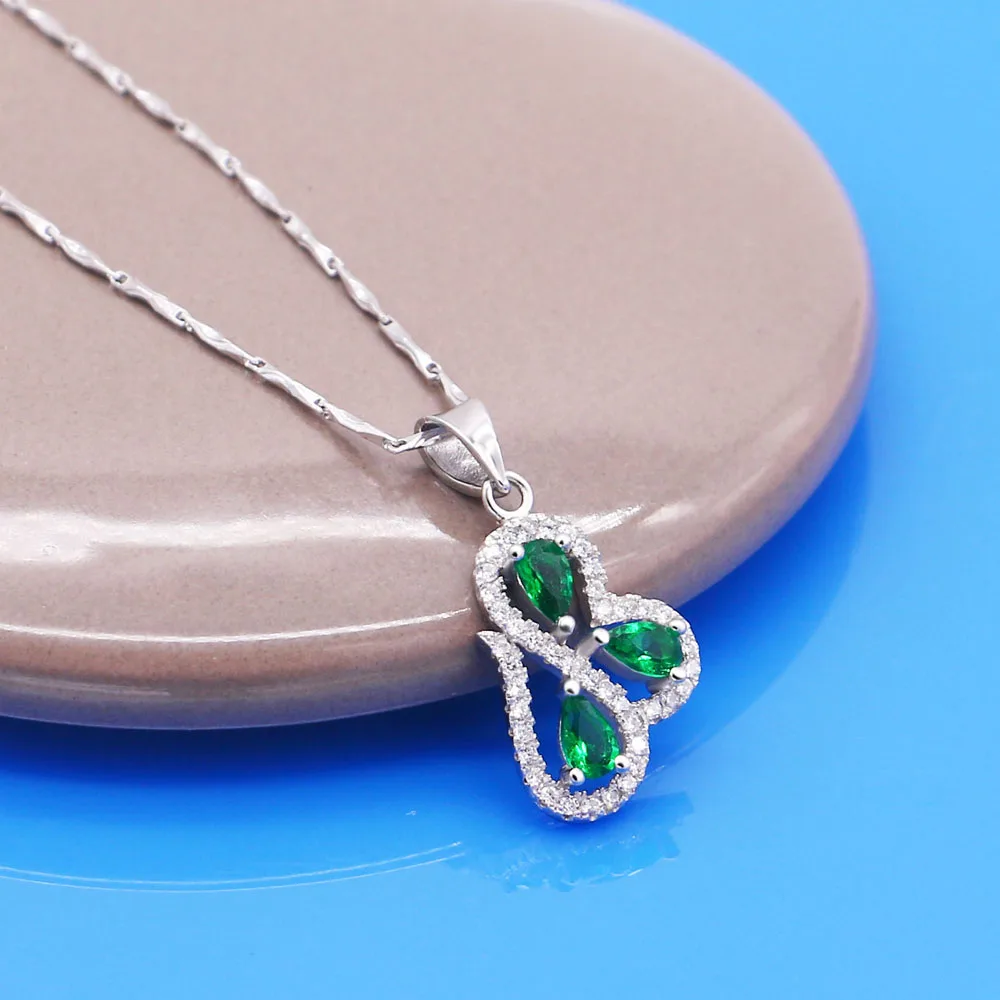 Цепочка с кулоном из серебра 100% пробы зеленым цирконием|Ожерелья| |