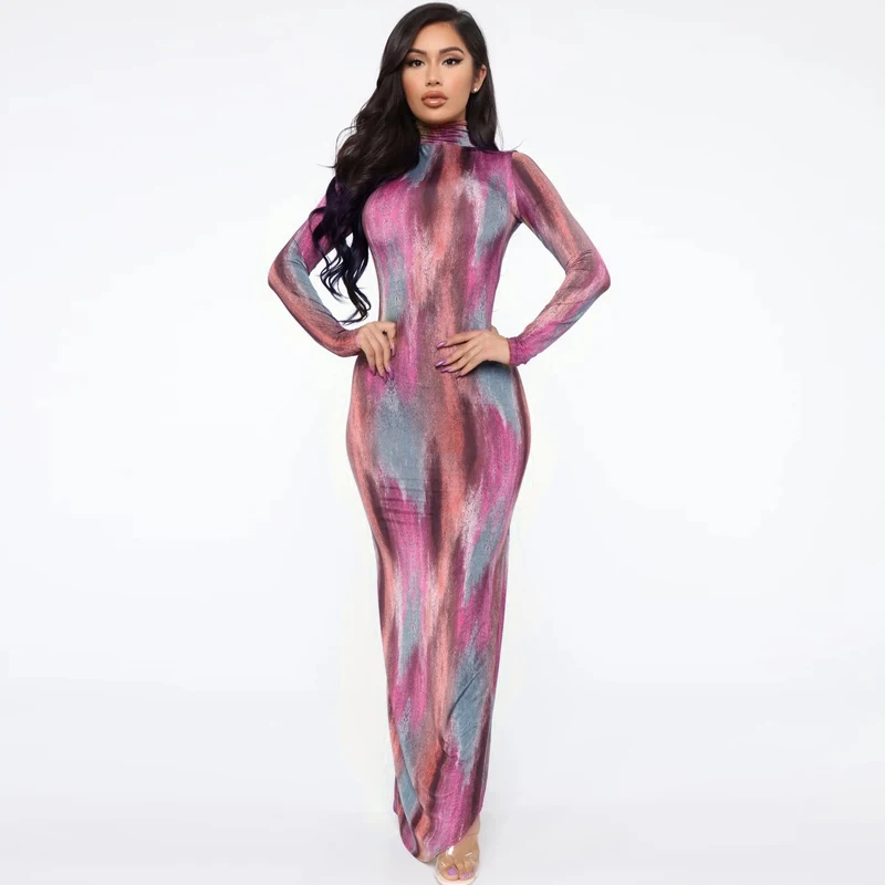 

MVA 2021 tie dye print colorful slit long sexy dress spring women high neck Christmas party outfits streetwear dresses D9B1552W