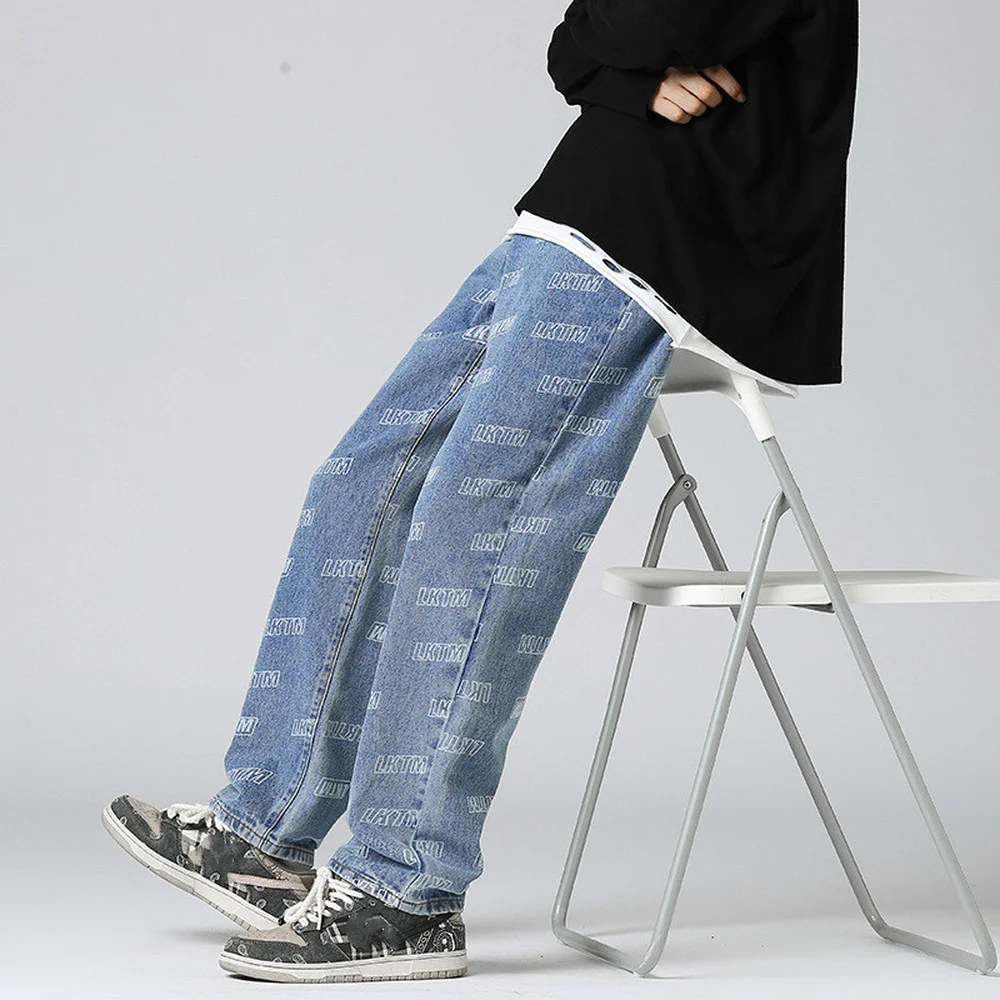 Men Jeans Autumn Winter Trend High Street Wear Hip-hop Letter Printed Jeans Men  Vertical Wide-leg Denim Pants Retro Unisex