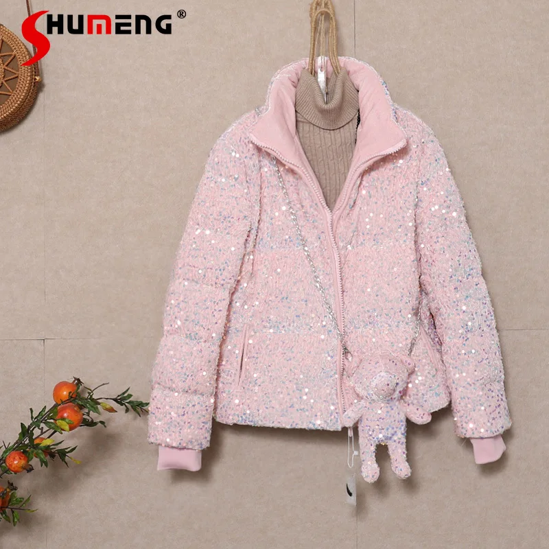 

Женский короткий пуховик с розовым медведем и блестками, новинка 2021, зимняя одежда, свободное теплое пальто, зимняя пузырьковая куртка для ж...