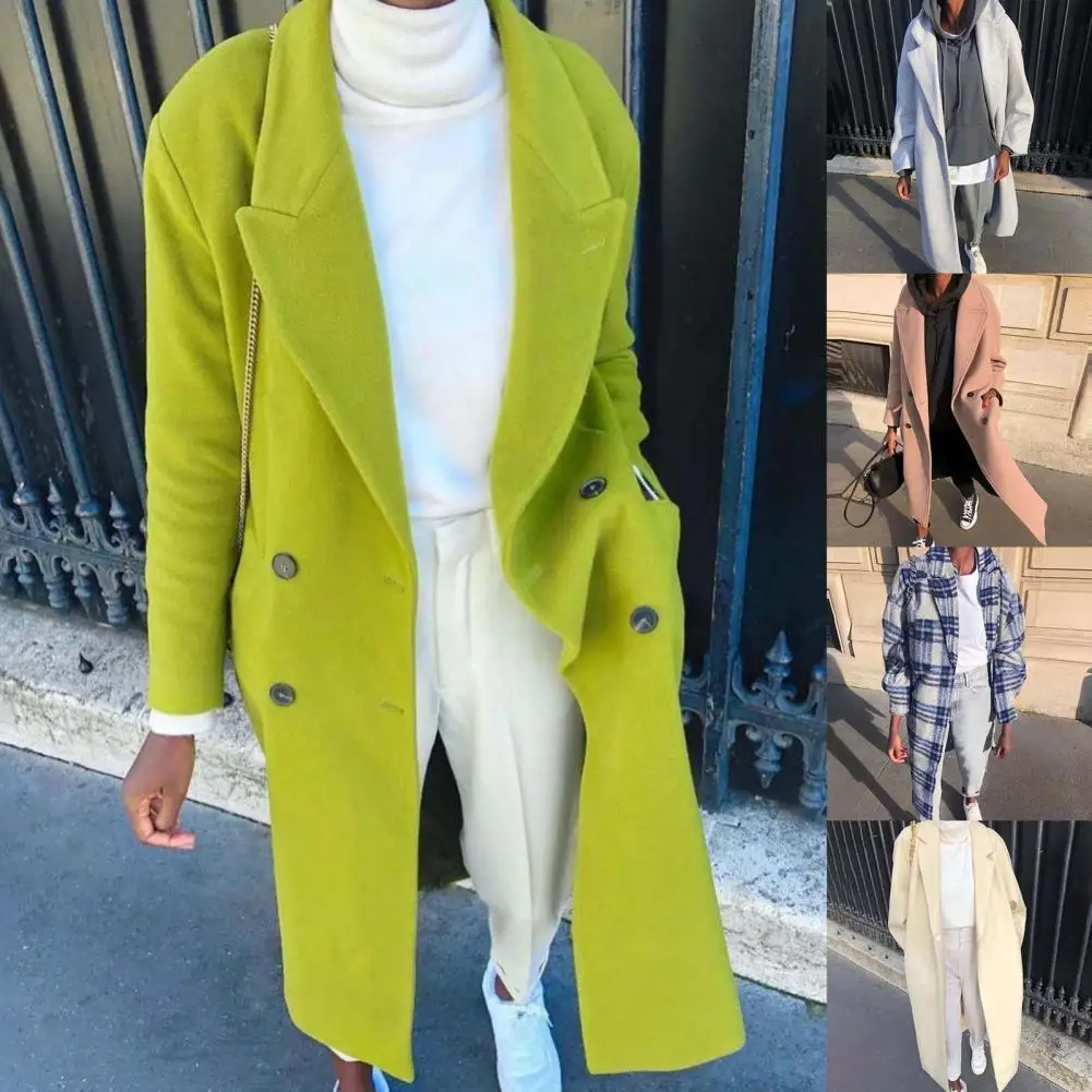 

Lapel Side Women Coat Pockets Windbreaker Solid Color Long Woolen Elegant Coat Female Clothing