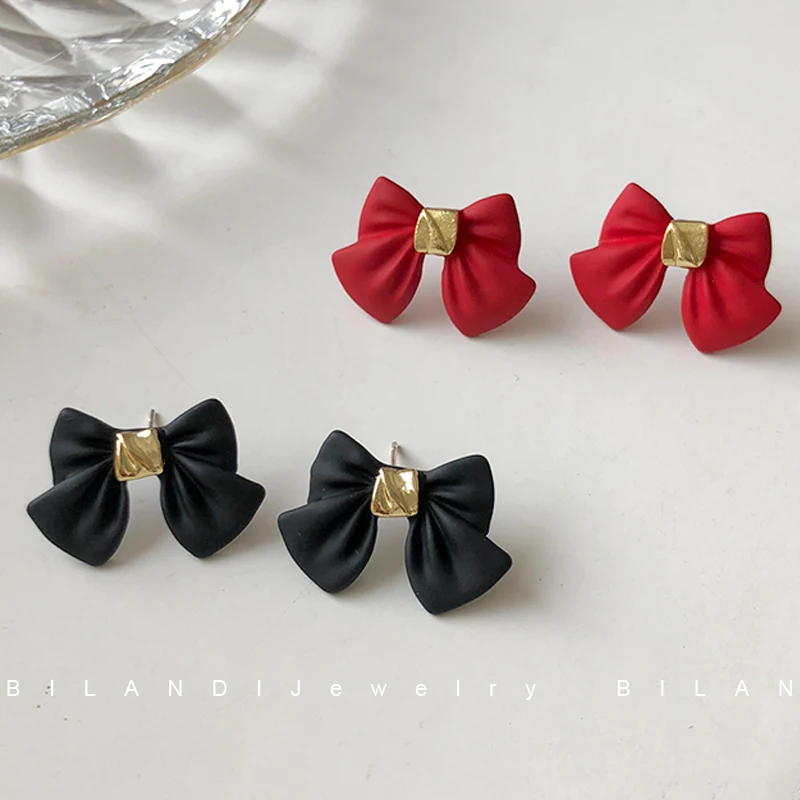 

S925 needle Trendy Jewelry Bowknot Earrings Hot Selling Sweet Korean Temperament Red Black Stud Earrings For Women Girl Gift