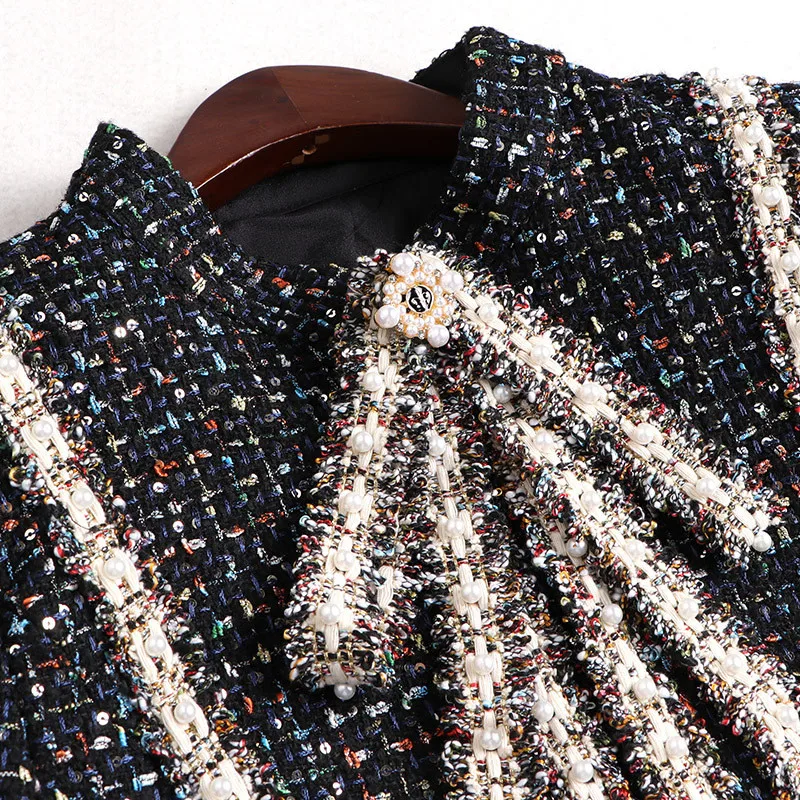 

High Quality Autumn Winter Runway Suit Women 2020 New Fashion Beading Vintage Tweed Woolen Jacket and Fishtail Skirt 2Pcs Sets