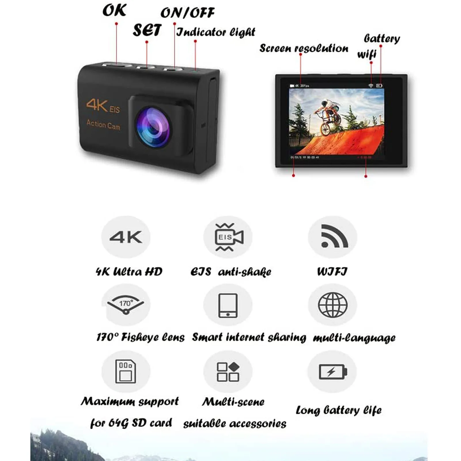 4K HD экшн-Камера 30fps 2 0 дюймов 170D подводный Водонепроницаемый Экран экшн-камера с