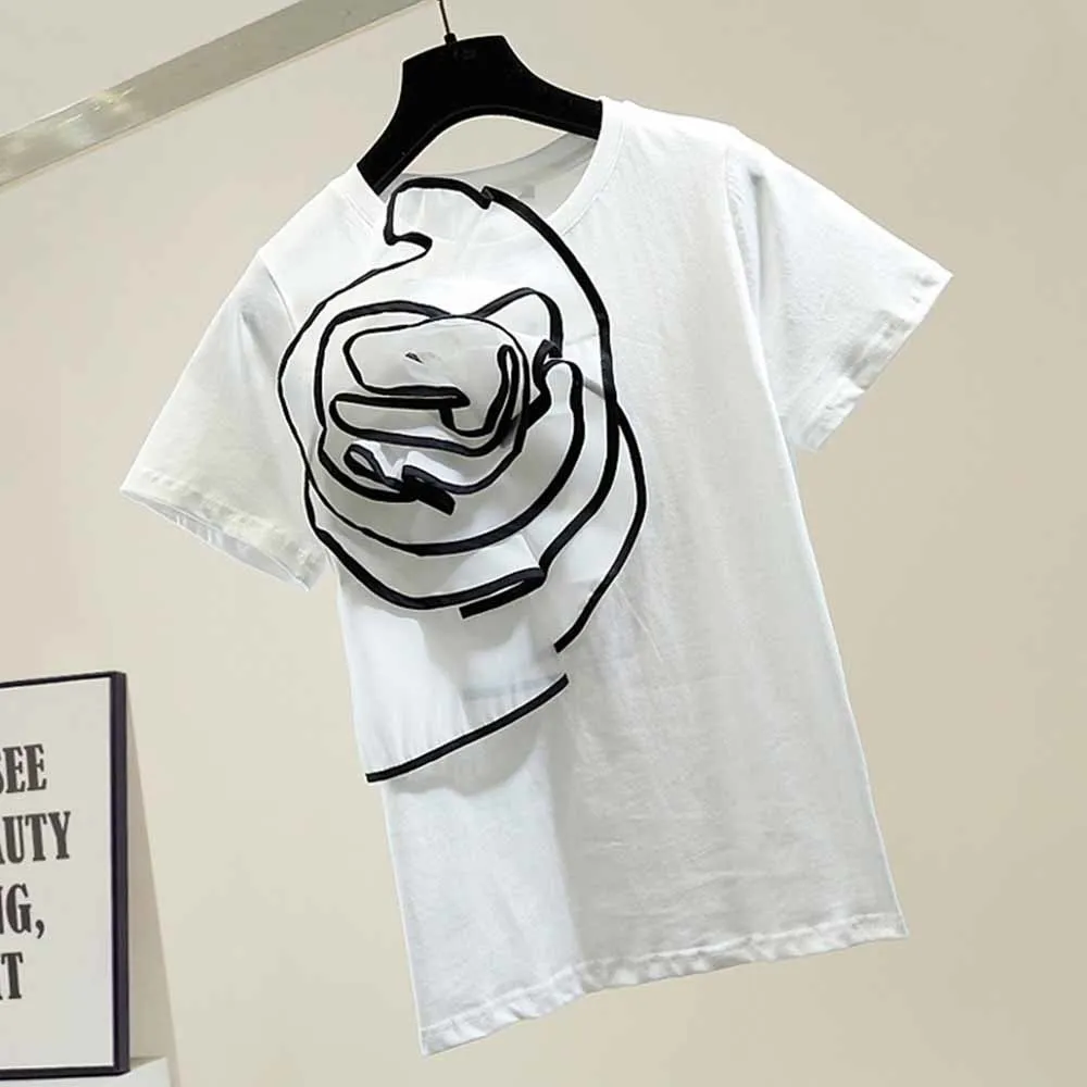 Футболка женская трехмерная с коротким рукавом модный топ крупными цветами и