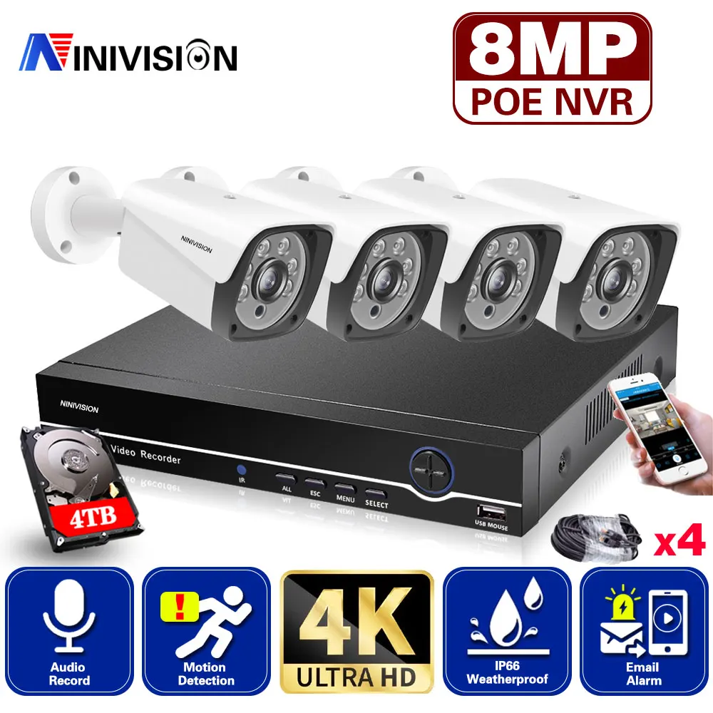 

4K Ultra HD 4CH POE NVR Kit H.265 CCTV IP Audio Camera Security System 8MP 5MP IR Outdoor Night Vision Video Surveillance Kits