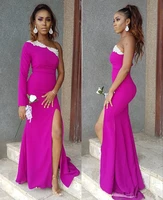 one shoulder bridesmaid dresses with beaded long sleeve prom dress side split sexy vestidos de dama de honor party gowns