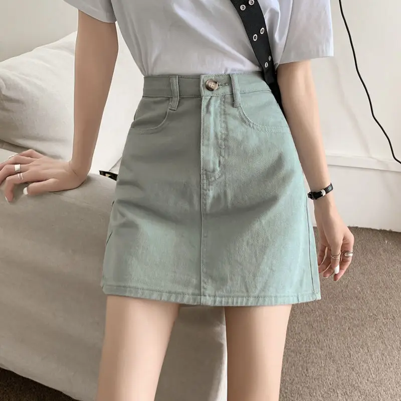 

Mini Skirts Women Green High - Waisted Skirt Denim Women's Cute Korean Sexy Mini Wrap Plus Size Summer Skirt Women School 2021