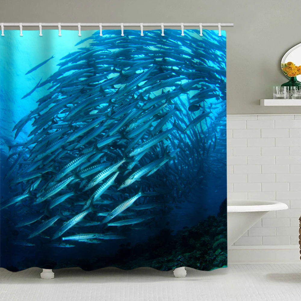 

New submarine scenery fish print shower curtain waterproof non-perforated bathroom curtain curtain