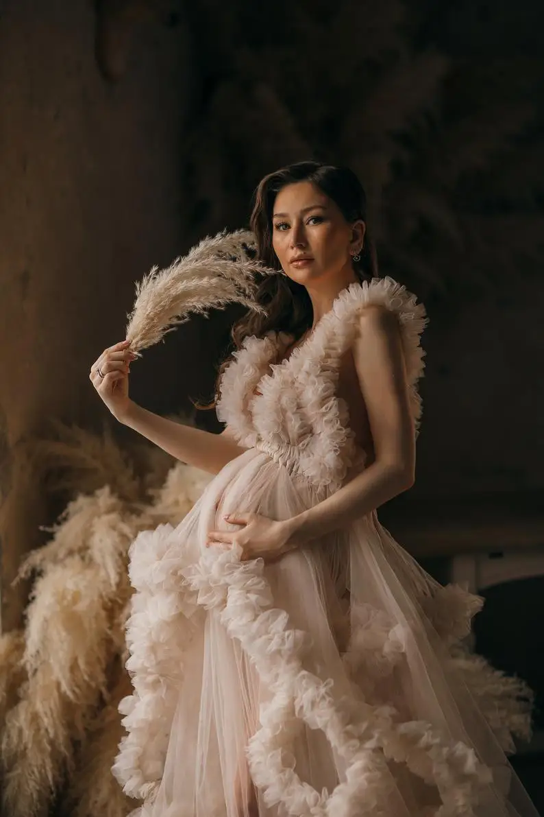 Длинное платье для беременных Тюлевое с оборками фотосессии или вечеринки