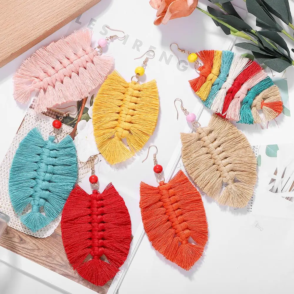Лучшие женские этнические серьги с бахромой и кисточками плетением макраме для