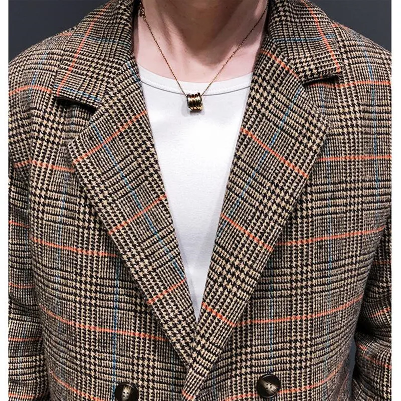 

2021 Men Woolen Jacket Winter New Double Breasted Windbreaker Fashion Retro Tartan Jackets Man Slim Short Jacket Trench S-2XL