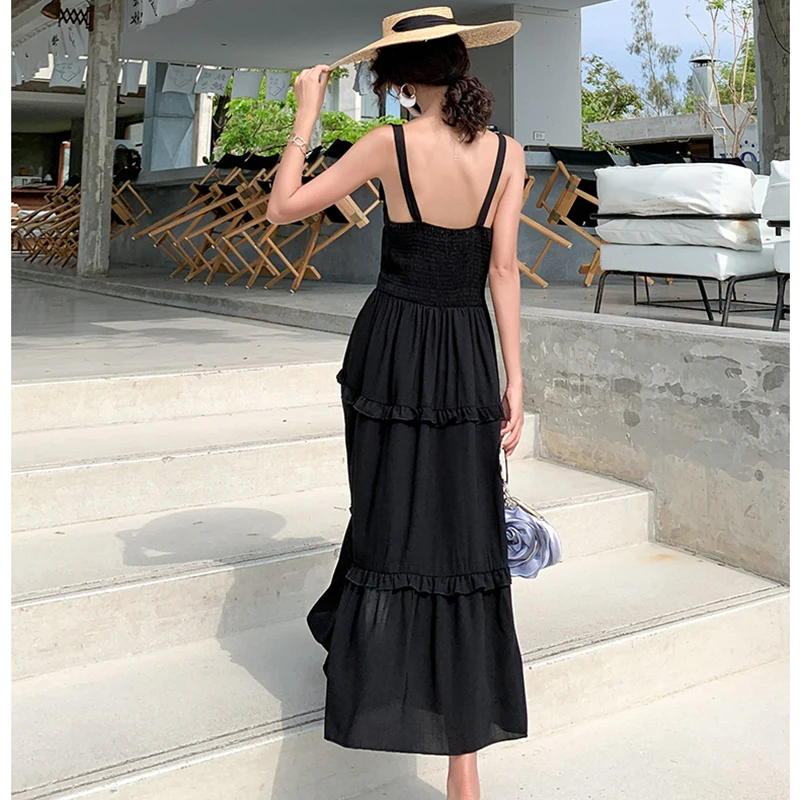

Korean Runway 2021 2 Colors Black Red Long Women Straps Dress Summer Elegant Backless Casual Party Vacation Beach Dress Sundress