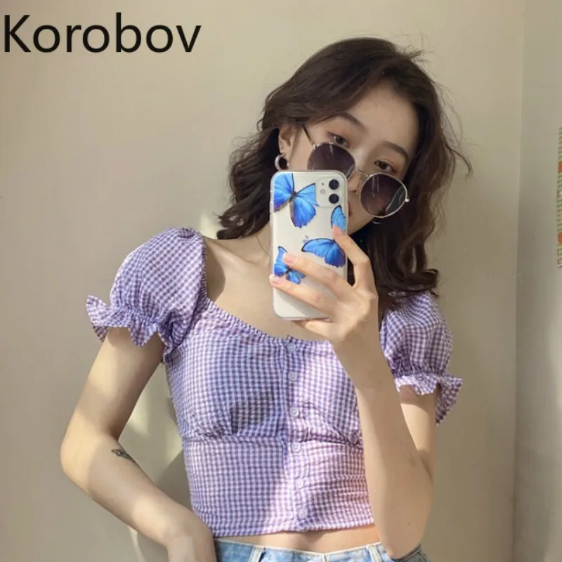 Женские винтажные блузки Korobov приталенные рубашки с квадратным вырезом в