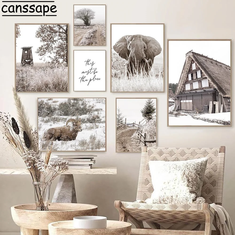 

Настенные плакаты со слоном и оленем, пейзаж с сеном, Картина на холсте, зимний пейзаж, художественный принт, настенные картины в скандинавс...