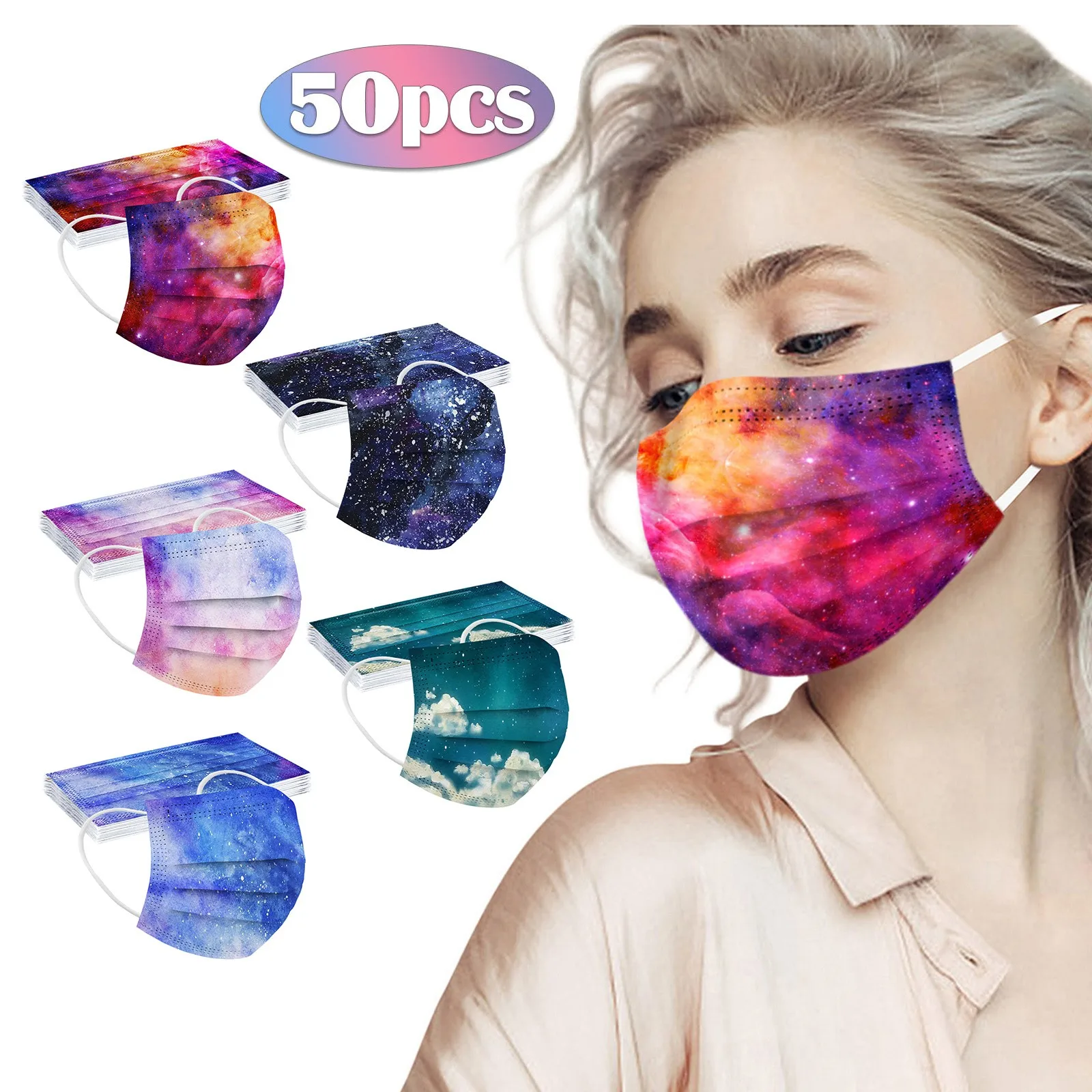

50pcs Children Gradient Star Printed Disposable Face Mask 3-layer Non Woven Dust-proof Face Cover Masks Earloop Bandage Masque