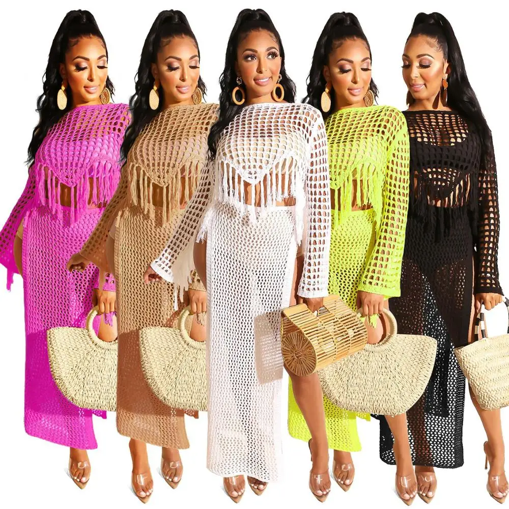 Ажурный вязаный комплект из двух предметов Adogirl платье с длинным рукавом кроп топ