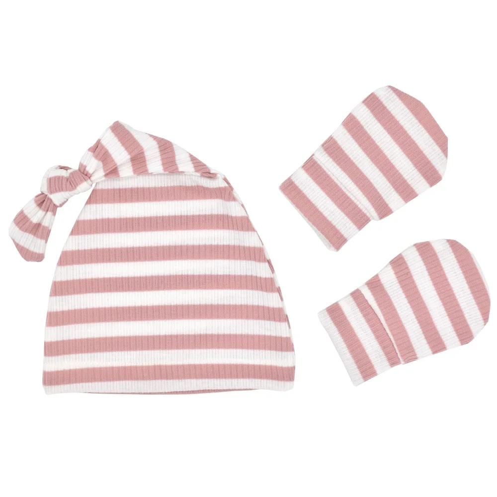 2Pcs/Set Cotton Baby Hats Mittens Newborn Stripe Knot Soft India Cap Toddler Anti Scratching Gloves Girl Warmer Long Tail Beanie | Детская