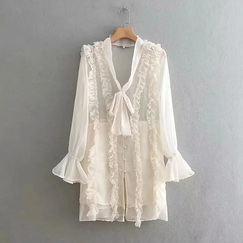 DEAT 2020 Spring Long Sleeve Ruffled Collar Beige Short Mini Dress Women MH566 |