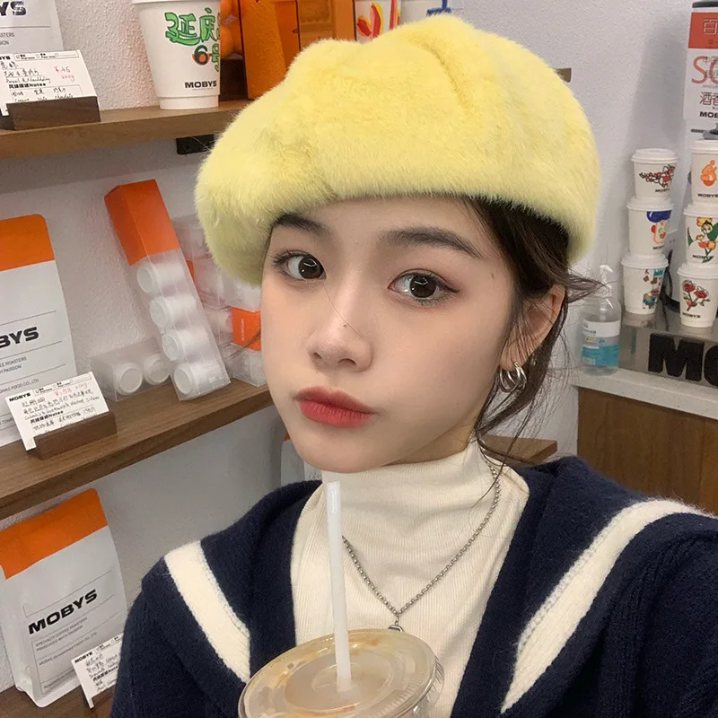 

INS Plush Women's Hat Winter Imitation Mink Wool Warm Beret Female Korean Version of Pure Color Cute Painter Hat Octagonal Gorro