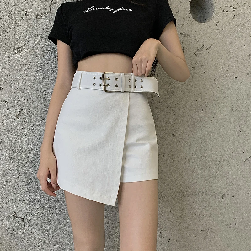 

Sexy Black Mini Skirts Shorts Girls Streetwear New High Waist Irregular Belt A-Line Shorts Hakama Women Loose Casual Skirts Lady