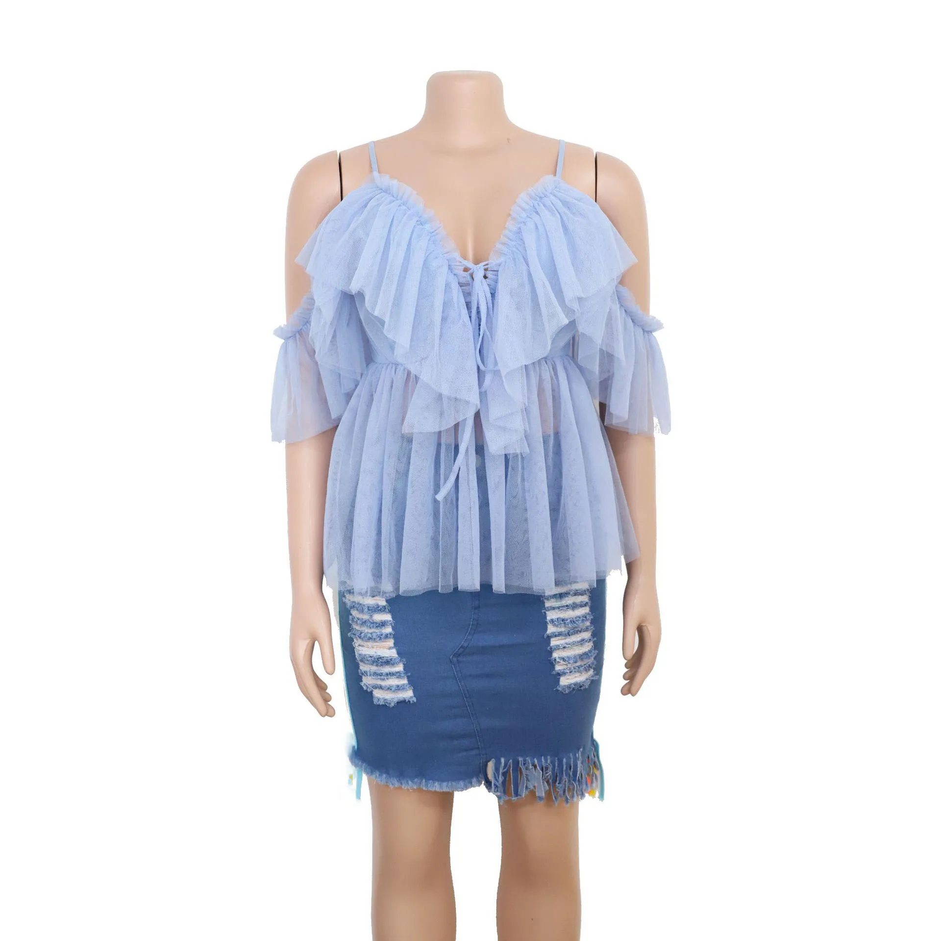 Fashion Women Off Shoulder Layer Mesh Blouses Sexy Summer Spaghetti Strap Backless Top Female Vintage Lace Up Ruffle Shirt