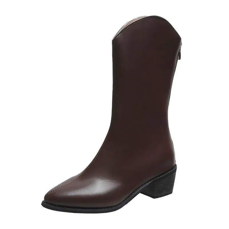 2021 New Winter Western Style Fleece Pointed Toe Mid-heel Square Heel Zipper Women's Fashion Boots