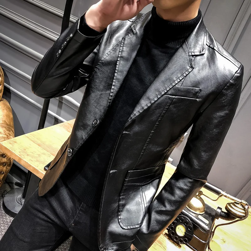 

Men's Leather Suit 2021 Autumn New Slim Lapel Leather Suit Leather Jacket