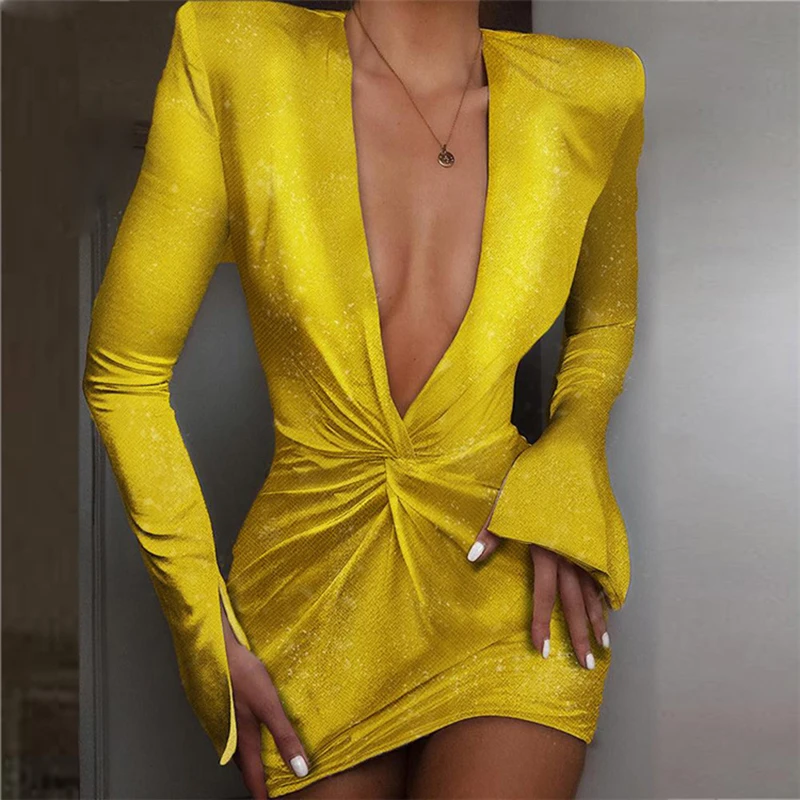 

Sexy Deep V-neck Satin Party Dress Women Autumn Ruched Club Bodycon Dress Elegant Long Sleeve Ladies Dresses Mini Vestidos Femme