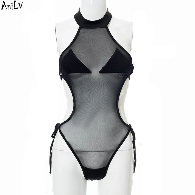 

AniLV Sexy Girl Mesh Yarn One-piece Halter Swimsuit Costume Women Hot Backless Bodysuit Pajamas Lingerie Unifrom Cosplay